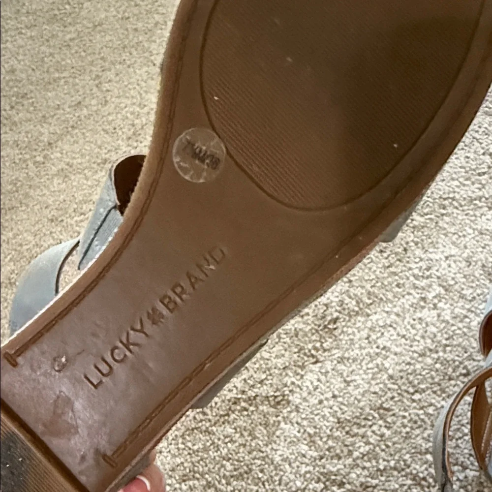 Lucky Brand Gray Strappy Platform Sandals with Multicolor Striped Wedge
